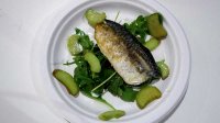 The finished dish of mackerel with pickled rhubarb and rocket salad