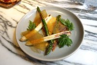 Grilled asparagus, yeast, brown butter and salmon jerky