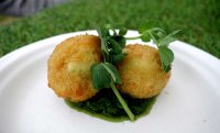 Asparagus, pea and goats cheese croquettes with wild garlic pesto from Ember Yard