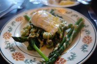 Asparagus, spinach, broadbeans and poached egg