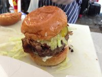 The Draper's crispy pig's head burger - Aged chuck and bone marrow patty with Gubbeen cheese and crispy brined pig’s head on St John Bakery bap