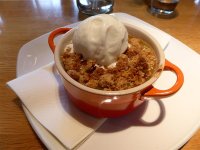 Rhubarb crumble at the Bison Grill on Rhug Estate