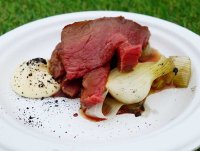 BBQ 75 day aged Denver beef with aged comte and onion treacle from The Dairy