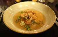 Scallops with bacon dashi and bonito