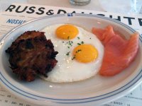 Lower sunny side - eggs with potato latke, Gaspe Nova smokds salmon from Russ and Daughters 