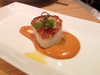 Seared diver-caught scallops with chorizo cream