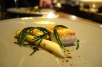 Halibut with white asparagus and Cornish mussels