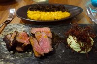 Organic lamb - Lamb Rump. Eco Dry Potato. Queso Fresco. Black Quinoa. Crispy Blue Potato.