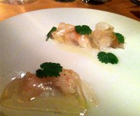 Raw prawns with British lardo, hogweed, mallow oil and salad burnet