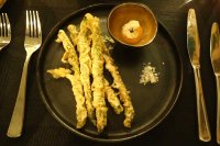 Asparagus tempura with 65 degree egg