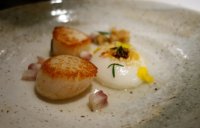 Scallops, flourless gnocchi, smoked eel bouillon