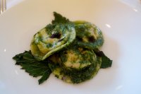 Dillisk Ravioli of Irish Smoked Salmon and St. Tola, Goats Cheese with Wild Nettle Pesto