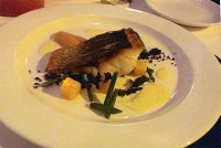 Sea bass fillet with green beans, trompette, pinpkin puree and vanilla butter sauce