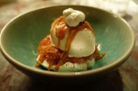Winter sundae with poached rhubarb and milk ice cream