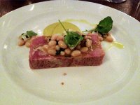 Ham and foie gras terrine with piccalilli gel, squid and caco beans