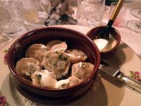 Siberian pelmeni with minced beef & pork filling served with sour cream