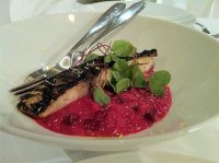 Stone bass, sumac, beetroot risotto