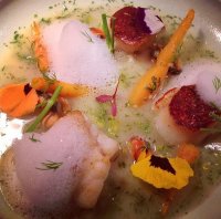 Monkfish, king scallops and artichokes a la Polita at Mazi in Notting Hill