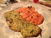 Courgette pankakes with salmon and sour cream