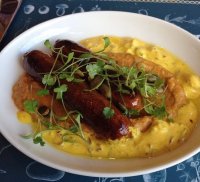 Vegetable merguez, warm pumpkin hummus, raisin and saffron sauce at Bistrot Bruno Loubet