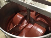 Chocolate being churned - spends two days in this, start off as cacao nibs