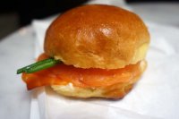 Russ and Daughters smoked salmon bun from the Plaza food court