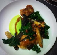 Roast Guinea fowl, potato and wild garlic mash, king oyster mushrooms and bacon - Upstairs at.