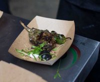 Dan Doherty's Hara Bhara lamb cutlets, coal charred aubergine, yogurt, mint and coriander 