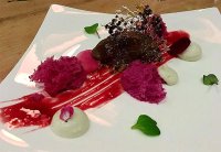 Red velvet beetroot cake, chocolate sorbet, rosary ash goats cheese