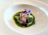 Flaky crab and mallow cream, young squid and cucumber