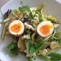 New spring salad with homemade baked ricotta and crispy boiled egg at the Coach and Horses in Farringdon