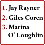 1. Jay Rayner, 2. Giles Cren, 3. MArina O'Loughlin