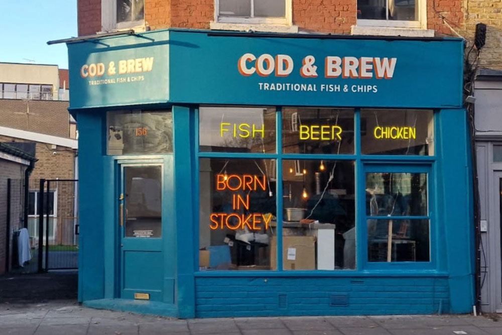 Cod & Brew is a modern fish and chip shop in Stokey