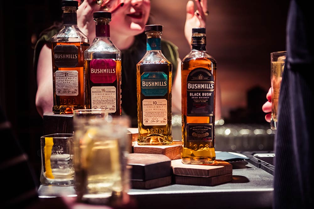 Bushmills had drams of all their whiskeys, alongside highballs and old fashionds.