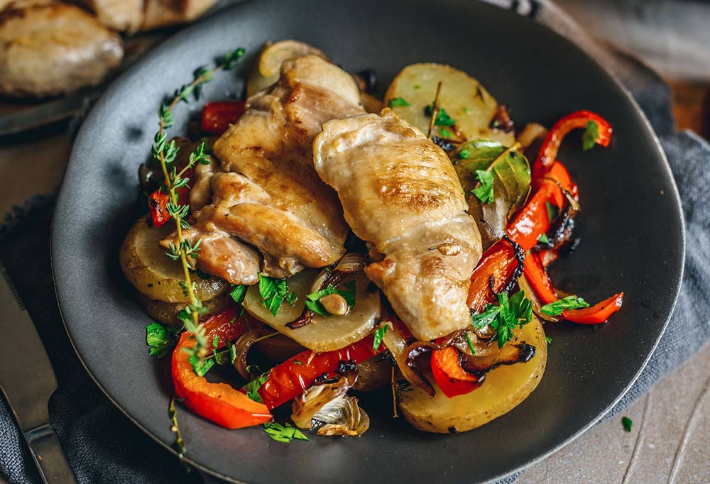 London restaurant recipes - chicken thighs and patatas panaderas by Sabor's Nieves Barragan